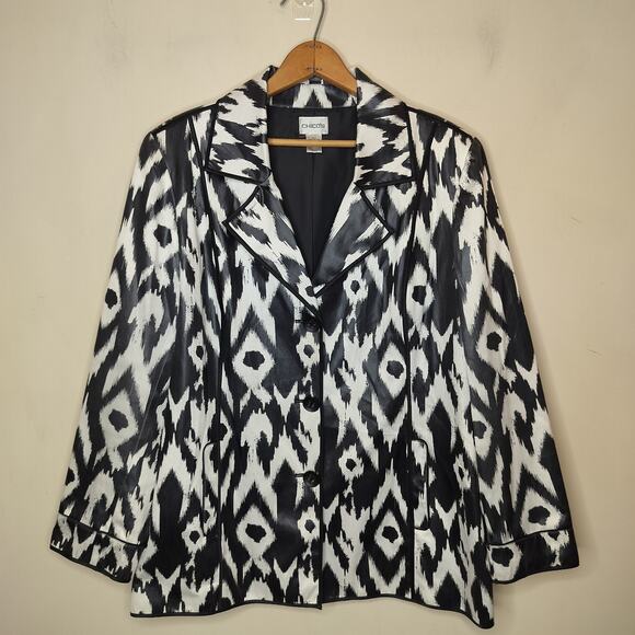 Chico's Button Up Jacke Black White Stripe Tribal Boho Shiny - Picture 1 of 9